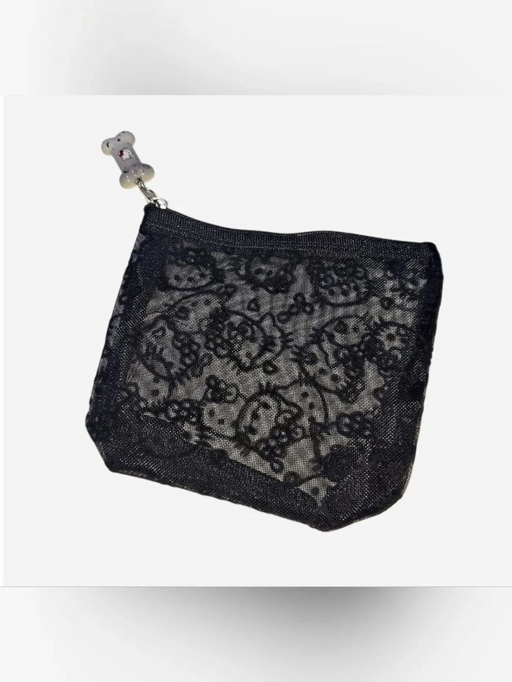 Hello Kitty Black Mesh Makeup/ Cosmetic Bag with Hello Kitty Bone Charm NEW